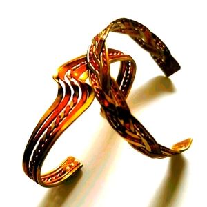 Set Of 2 Gold & Copper Bracelets, One Waved, One Straight